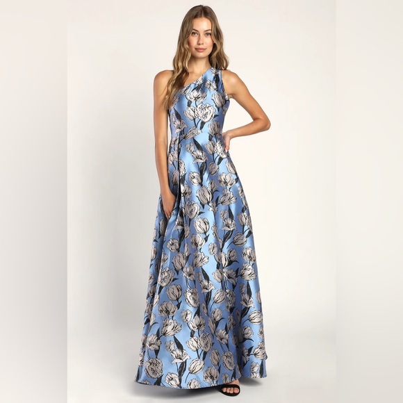 Lulu's One Shoulder Blue Floral Jacquard Gown - Picture 1 of 9